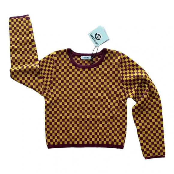Daydreamer Fig Check Fitted Pullover Sweater Long Sleeve Purple Yellow XL NWT - Picture 2 of 8
